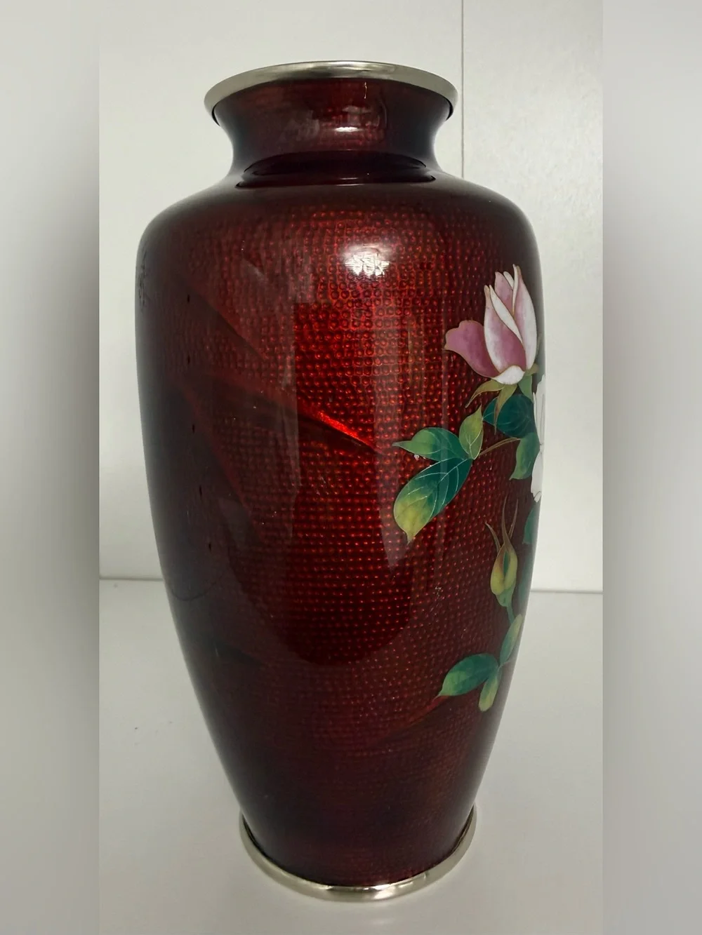 Vintage Japanese Enamel Sterling Silver Cloisonné Flower Vase Lot Red White